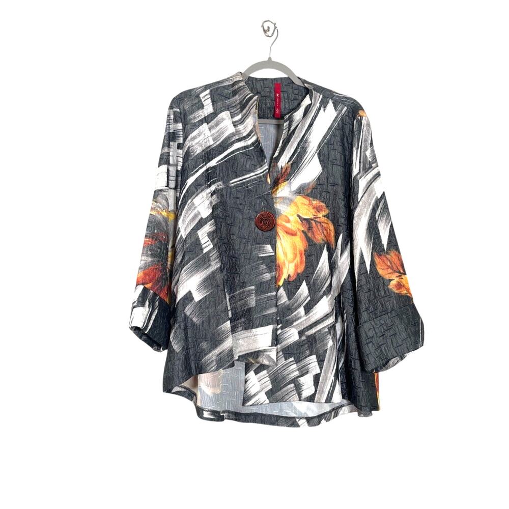 IC by Connie K Abstract Print Asymmetrical Crinkle Jacket Sz XL Artsy Lagenlook